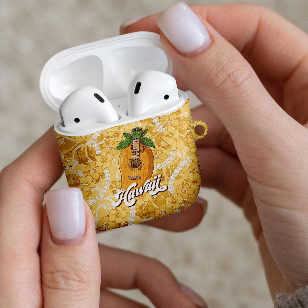 Hawaiian Mango Ukulele AirPods Case Retro Yellow Hibiscus Pikake Lei