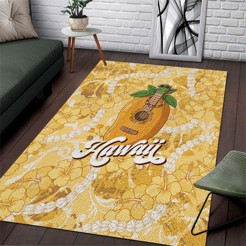 Hawaiian Mango Ukulele Area Rug Retro Yellow Hibiscus Pikake Lei