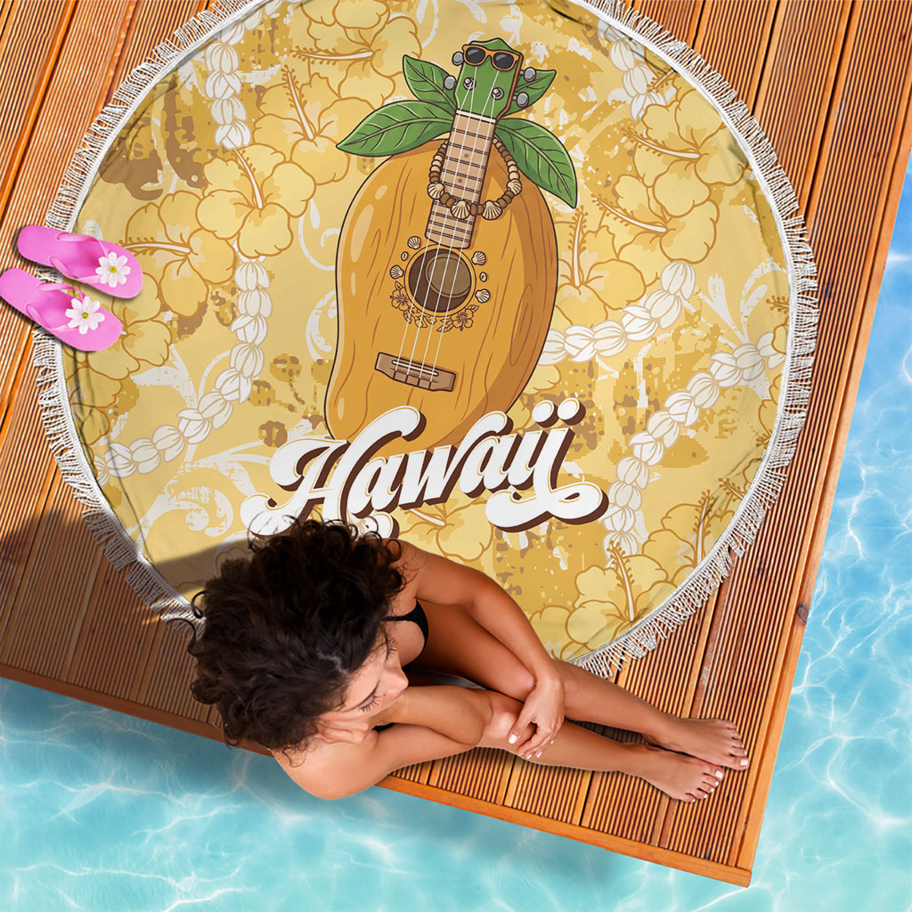Hawaiian Mango Ukulele Beach Blanket Retro Yellow Hibiscus Pikake Lei