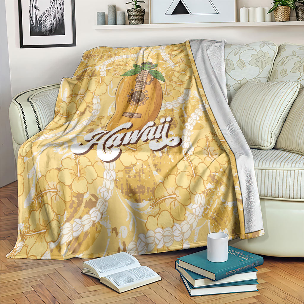 Hawaiian Mango Ukulele Blanket Retro Yellow Hibiscus Pikake Lei