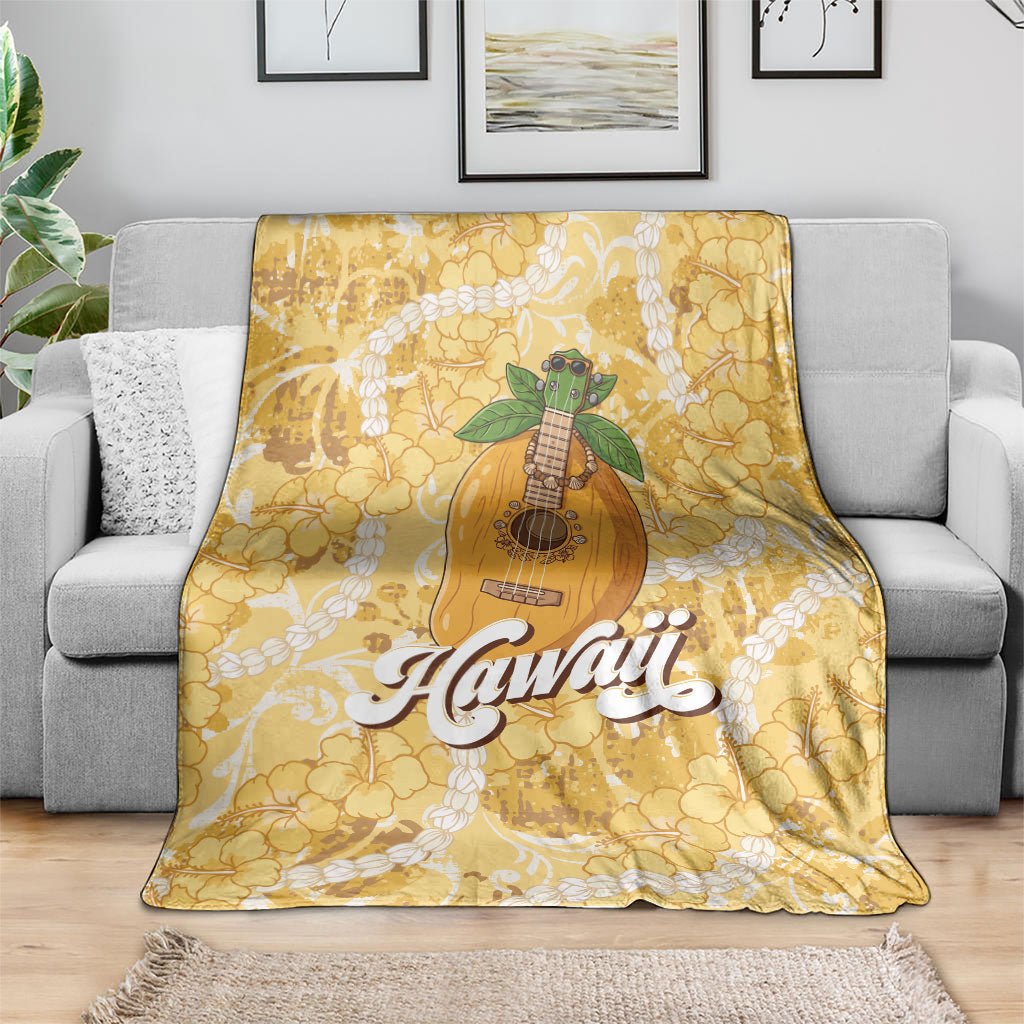 Hawaiian Mango Ukulele Blanket Retro Yellow Hibiscus Pikake Lei