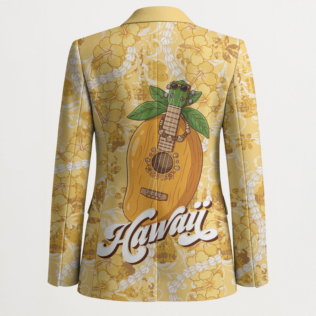 Hawaiian Mango Ukulele Blazer Retro Yellow Hibiscus Pikake Lei