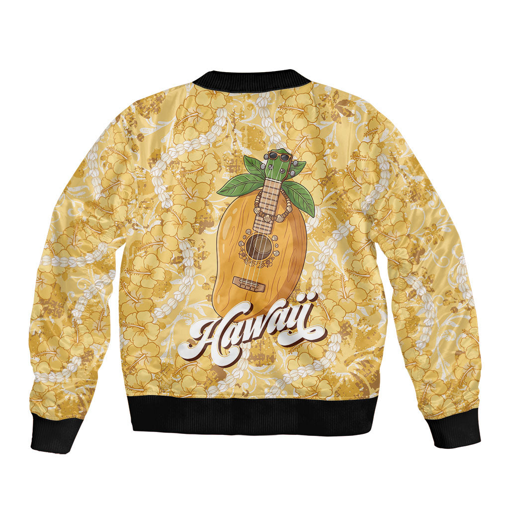 Hawaiian Mango Ukulele Bomber Jacket Retro Yellow Hibiscus Pikake Lei