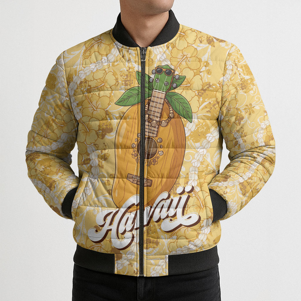 Hawaiian Mango Ukulele Bomber Puffer Jacket Retro Yellow Hibiscus Pikake Lei