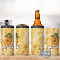 Hawaiian Mango Ukulele 4 in 1 Can Cooler Tumbler Retro Yellow Hibiscus Pikake Lei