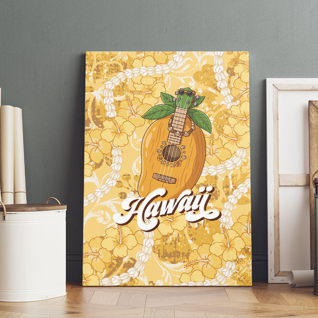 Hawaiian Mango Ukulele Canvas Wall Art Retro Yellow Hibiscus Pikake Lei