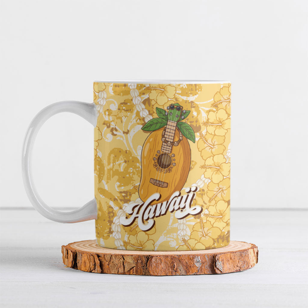 Hawaiian Mango Ukulele Ceramic Mug Retro Yellow Hibiscus Pikake Lei