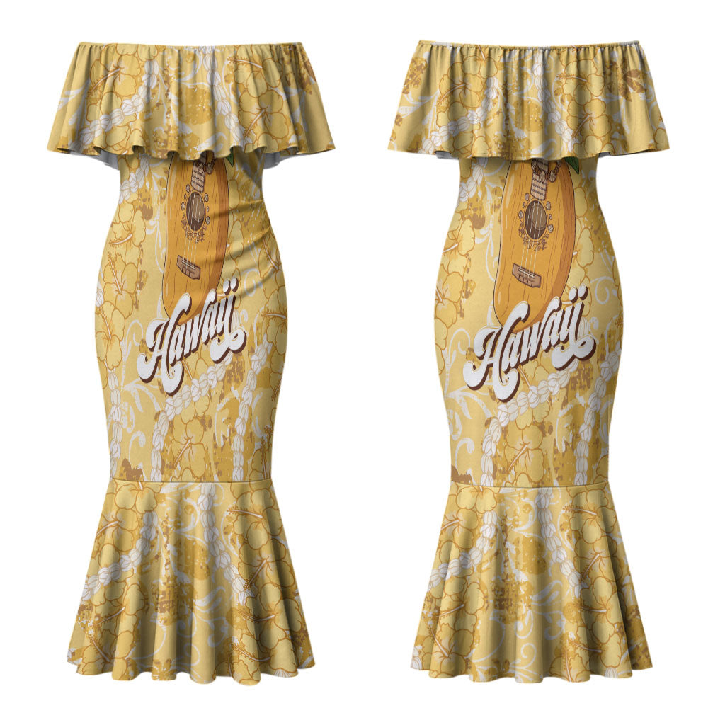 Hawaiian Mango Ukulele Couples Matching Mermaid Dress and Hawaiian Shirt Retro Yellow Hibiscus Pikake Lei