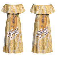 Hawaiian Mango Ukulele Couples Matching Off Shoulder Maxi Dress and Long Sleeve Button Shirt Retro Yellow Hibiscus Pikake Lei