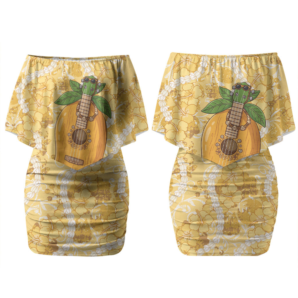 Hawaiian Mango Ukulele Couples Matching Off Shoulder Short Dress and Hawaiian Shirt Retro Yellow Hibiscus Pikake Lei