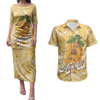 Hawaiian Mango Ukulele Couples Matching Puletasi and Hawaiian Shirt Retro Yellow Hibiscus Pikake Lei