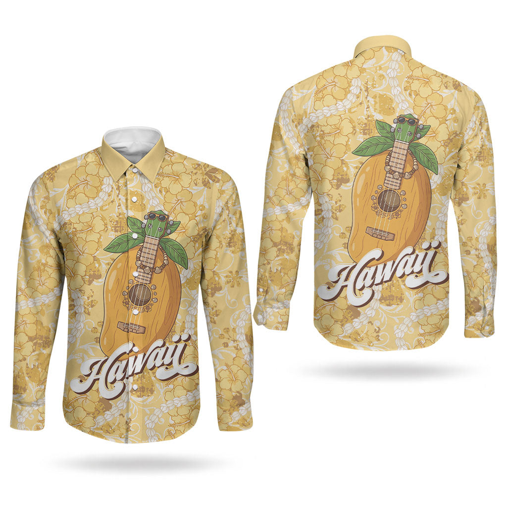 Hawaiian Mango Ukulele Couples Matching Puletasi and Long Sleeve Button Shirt Retro Yellow Hibiscus Pikake Lei