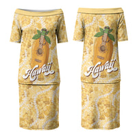 Hawaiian Mango Ukulele Couples Matching Puletasi and Long Sleeve Button Shirt Retro Yellow Hibiscus Pikake Lei
