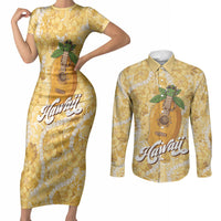 Hawaiian Mango Ukulele Couples Matching Short Sleeve Bodycon Dress and Long Sleeve Button Shirt Retro Yellow Hibiscus Pikake Lei