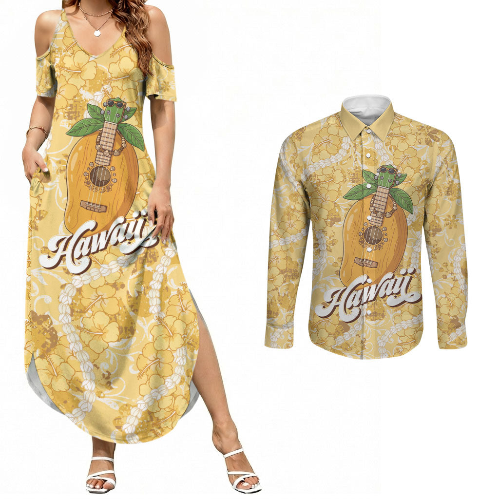 Hawaiian Mango Ukulele Couples Matching Summer Maxi Dress and Long Sleeve Button Shirt Retro Yellow Hibiscus Pikake Lei