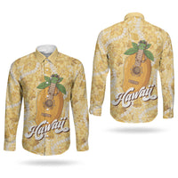 Hawaiian Mango Ukulele Couples Matching Summer Maxi Dress and Long Sleeve Button Shirt Retro Yellow Hibiscus Pikake Lei