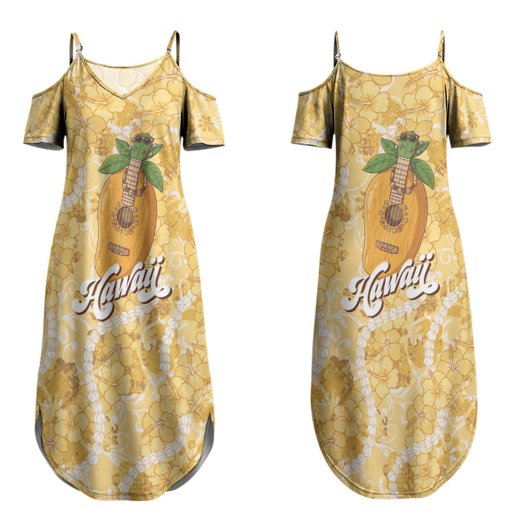 Hawaiian Mango Ukulele Couples Matching Summer Maxi Dress and Long Sleeve Button Shirt Retro Yellow Hibiscus Pikake Lei