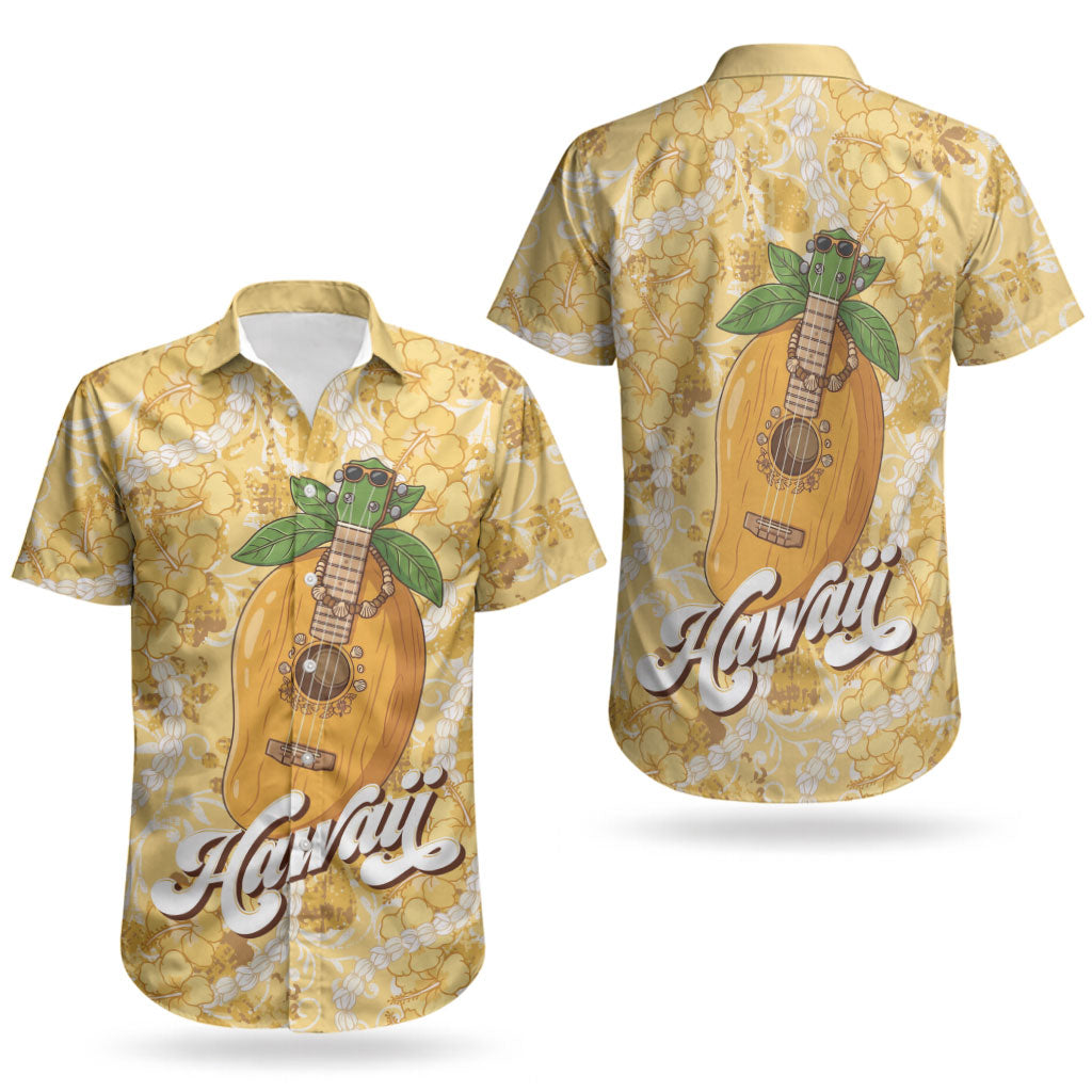 Hawaiian Mango Ukulele Couples Matching Tank Maxi Dress and Hawaiian Shirt Retro Yellow Hibiscus Pikake Lei