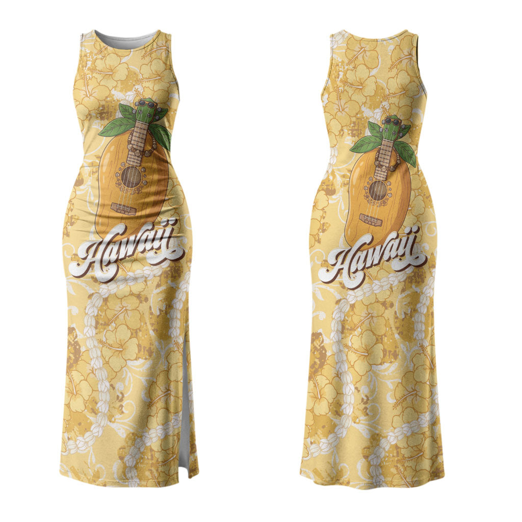Hawaiian Mango Ukulele Couples Matching Tank Maxi Dress and Hawaiian Shirt Retro Yellow Hibiscus Pikake Lei
