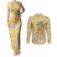 Hawaiian Mango Ukulele Couples Matching Tank Maxi Dress and Long Sleeve Button Shirt Retro Yellow Hibiscus Pikake Lei