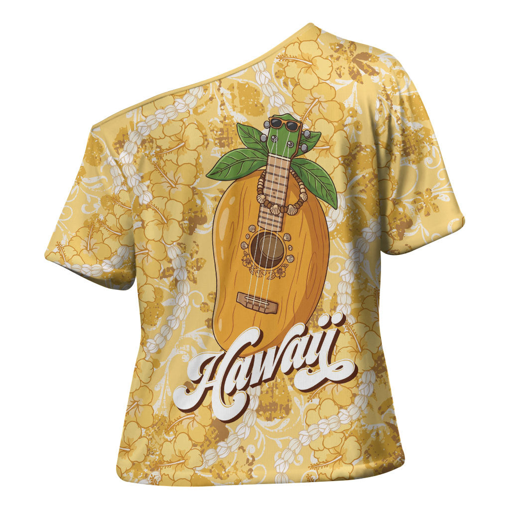 Hawaiian Mango Ukulele Cross Shoulder Shirt Retro Yellow Hibiscus Pikake Lei