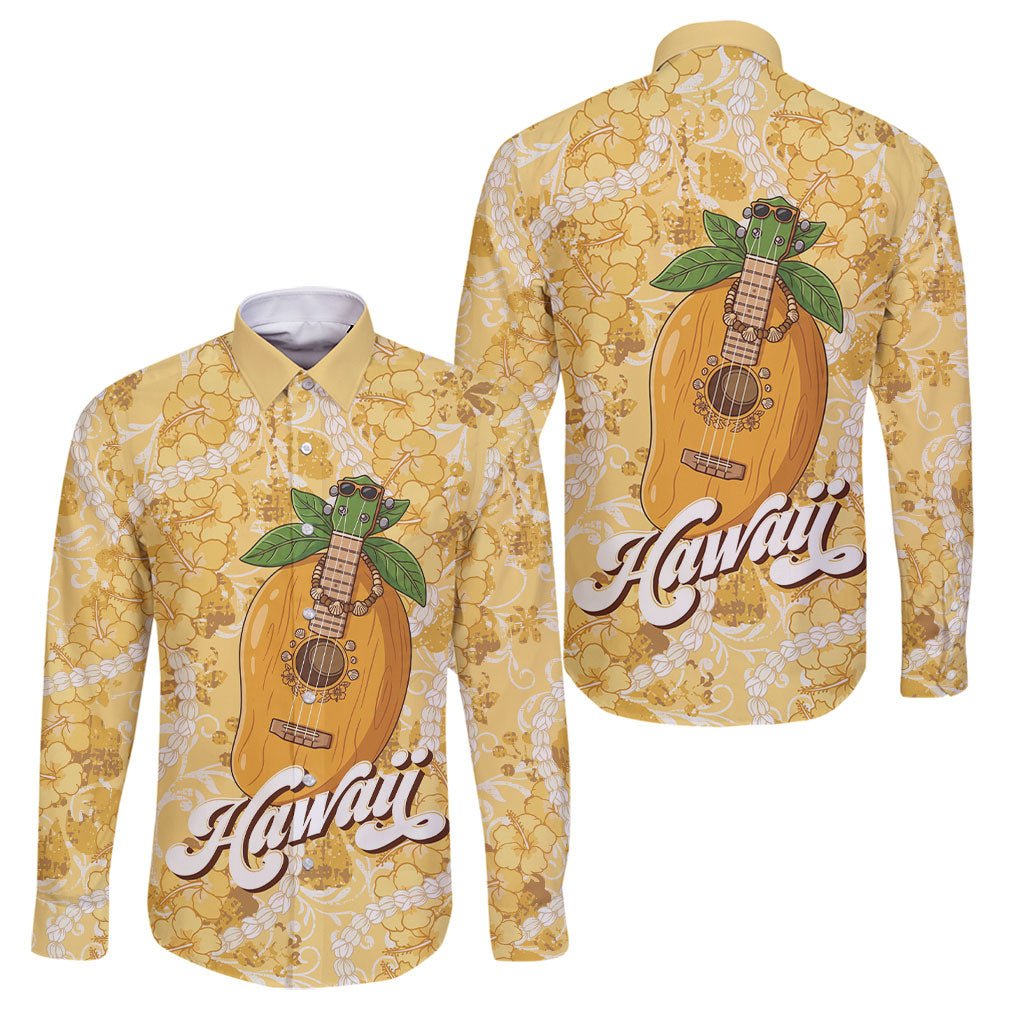 Hawaiian Mango Ukulele Family Matching Long Sleeve Bodycon Dress and Hawaiian Shirt Retro Yellow Hibiscus Pikake Lei