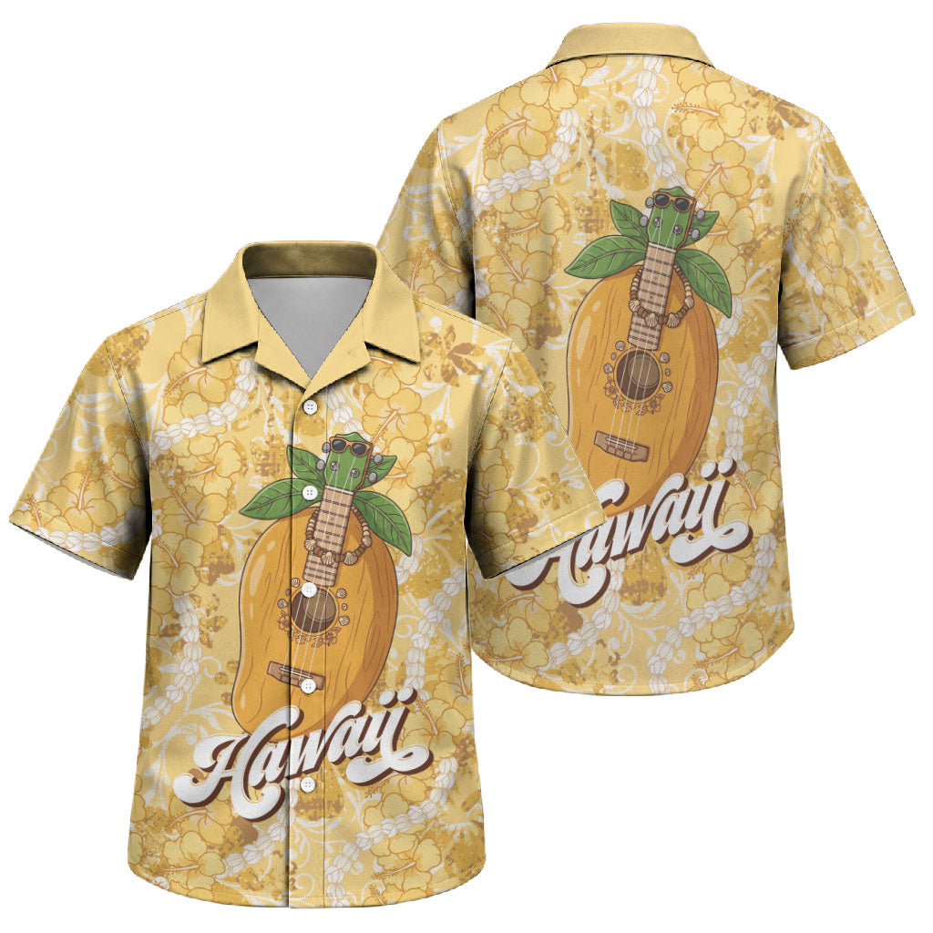 Hawaiian Mango Ukulele Family Matching Off The Shoulder Long Sleeve Dress and Hawaiian Shirt Retro Yellow Hibiscus Pikake Lei
