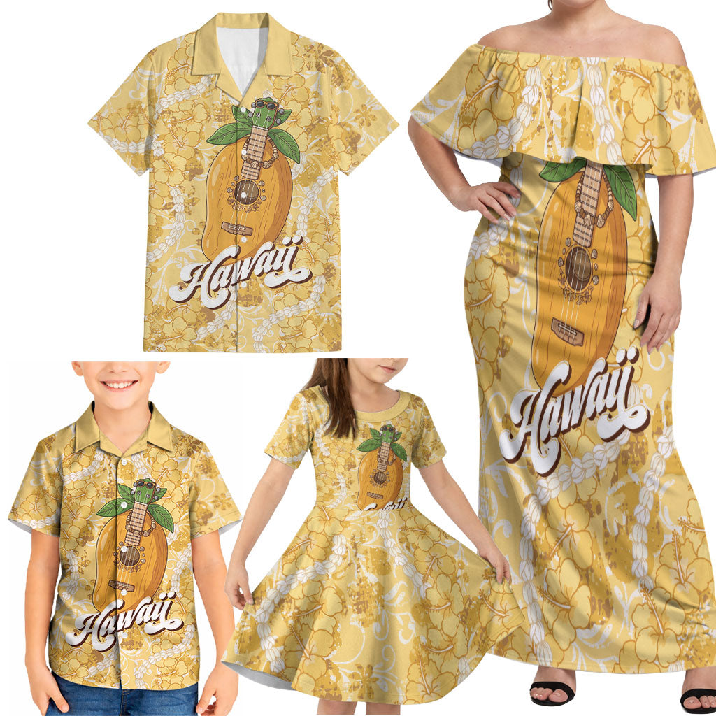 Hawaiian Mango Ukulele Family Matching Off Shoulder Maxi Dress and Hawaiian Shirt Retro Yellow Hibiscus Pikake Lei