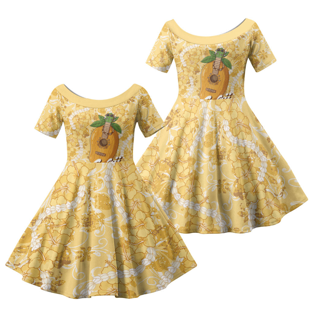 Hawaiian Mango Ukulele Family Matching Off Shoulder Short Dress and Hawaiian Shirt Retro Yellow Hibiscus Pikake Lei