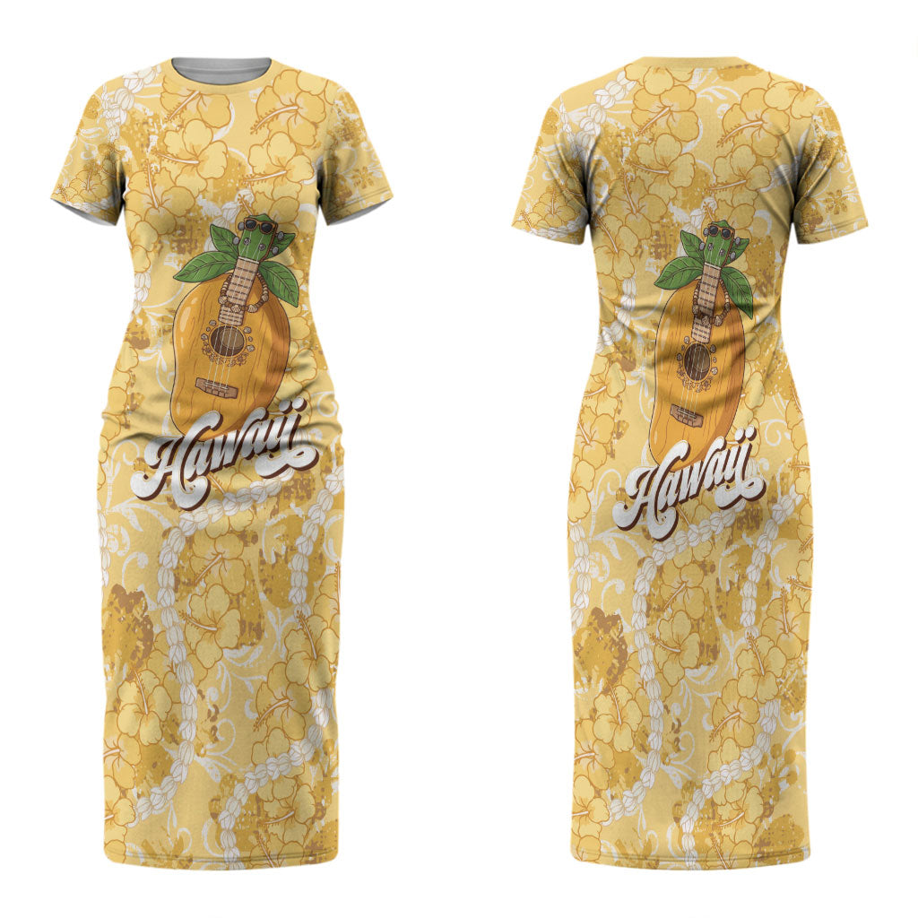 Hawaiian Mango Ukulele Family Matching Short Sleeve Bodycon Dress and Hawaiian Shirt Retro Yellow Hibiscus Pikake Lei