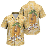 Hawaiian Mango Ukulele Family Matching Summer Maxi Dress and Hawaiian Shirt Retro Yellow Hibiscus Pikake Lei