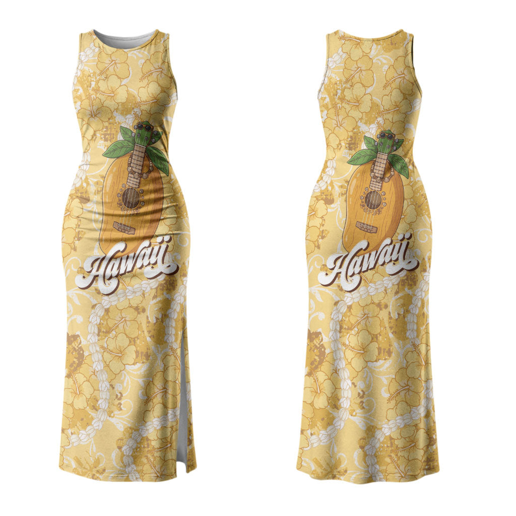 Hawaiian Mango Ukulele Family Matching Tank Maxi Dress and Hawaiian Shirt Retro Yellow Hibiscus Pikake Lei