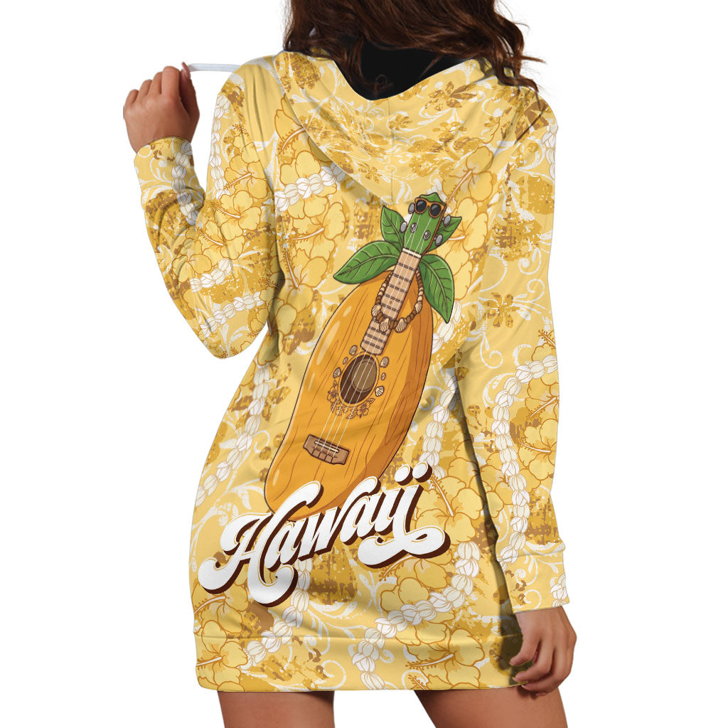 Hawaiian Mango Ukulele Hoodie Dress Retro Yellow Hibiscus Pikake Lei