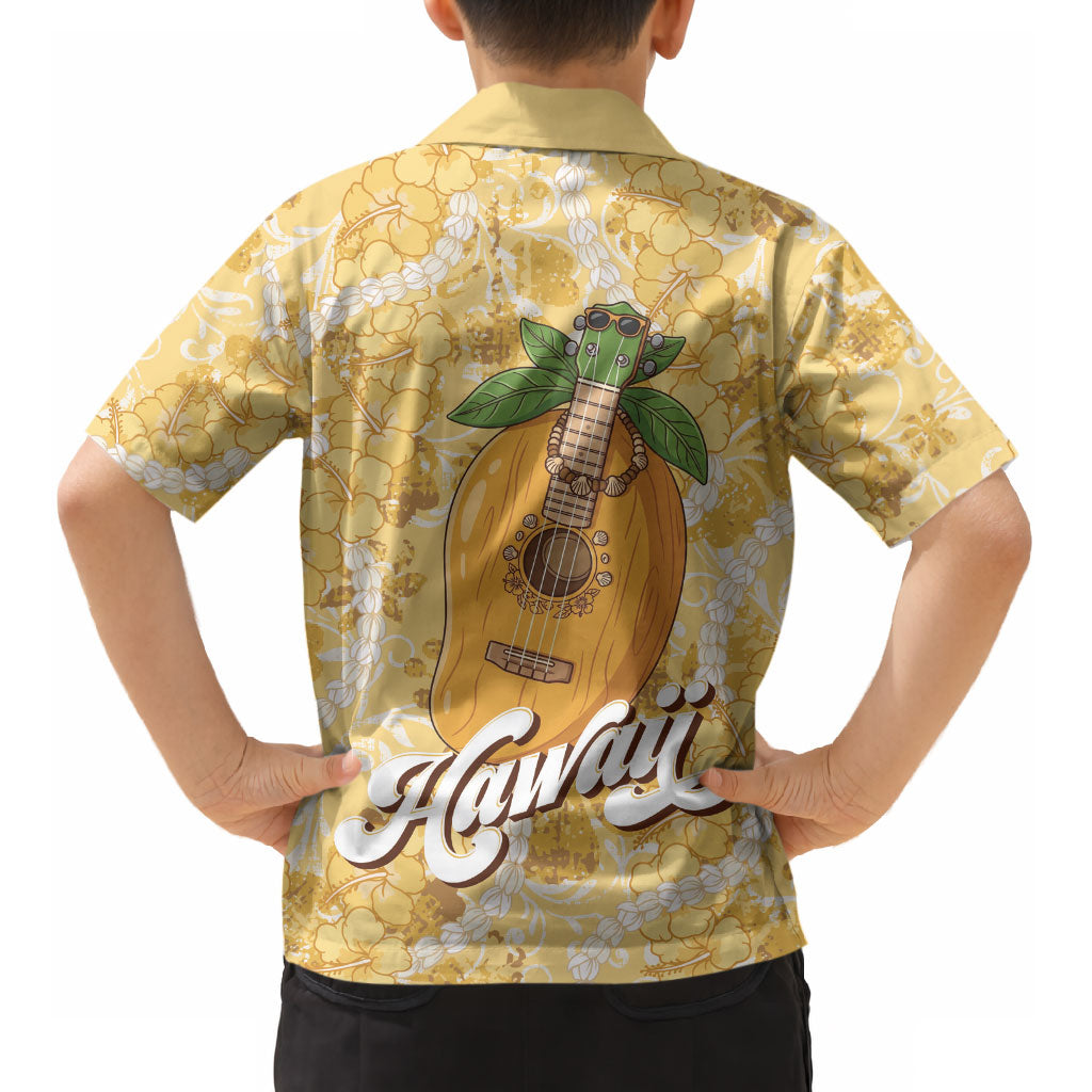 Hawaiian Mango Ukulele Kid Hawaiian Shirt Retro Yellow Hibiscus Pikake Lei