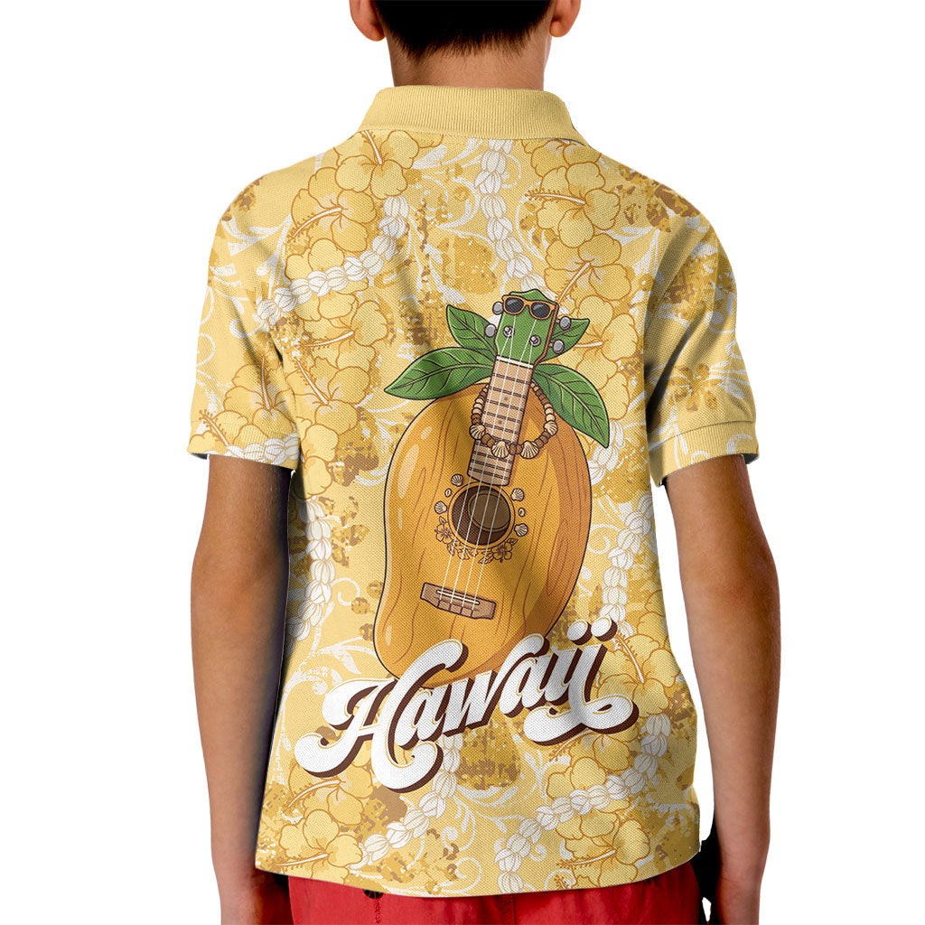 Hawaiian Mango Ukulele Kid Polo Shirt Retro Yellow Hibiscus Pikake Lei