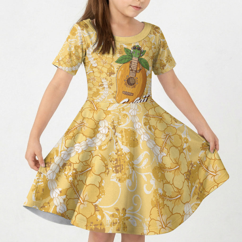 Hawaiian Mango Ukulele Kid Short Sleeve Dress Retro Yellow Hibiscus Pikake Lei