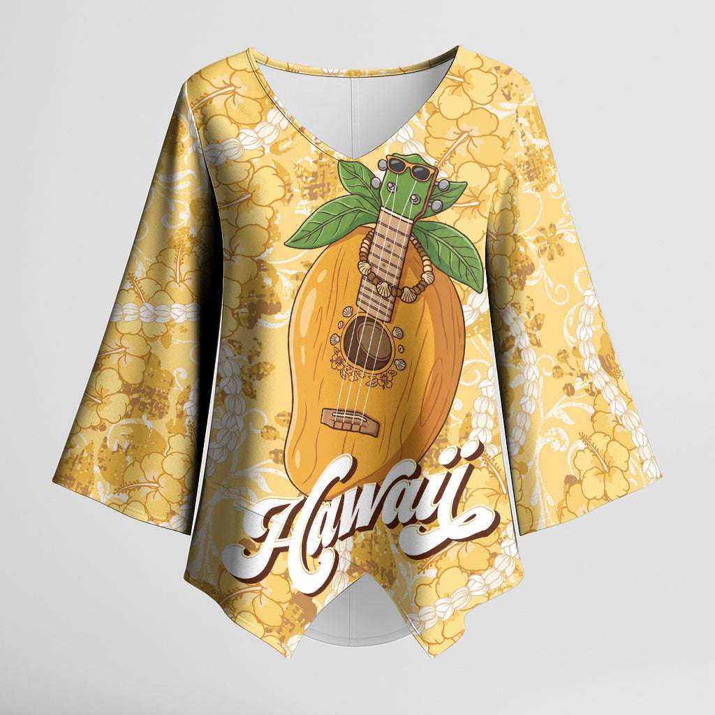 Hawaiian Mango Ukulele Kimono Sleeve Blouse Retro Yellow Hibiscus Pikake Lei