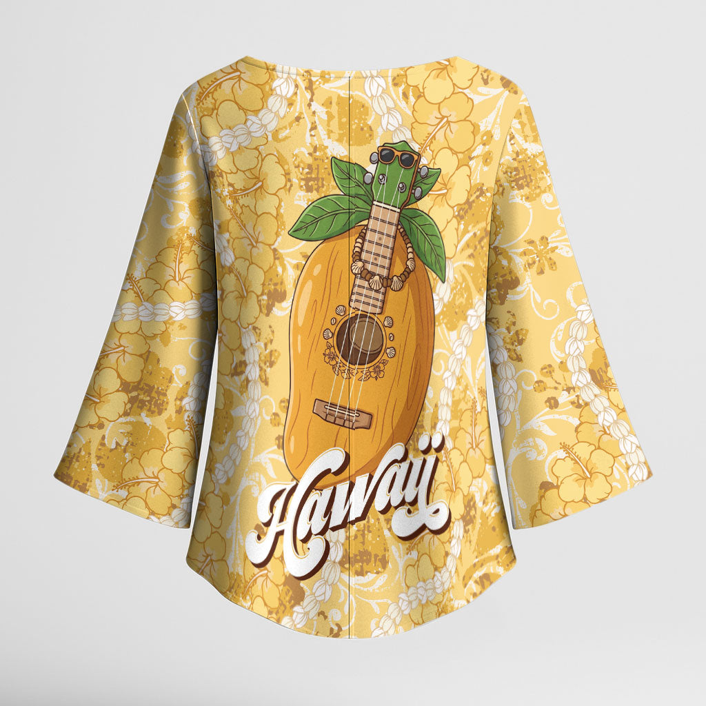 Hawaiian Mango Ukulele Kimono Sleeve Blouse Retro Yellow Hibiscus Pikake Lei
