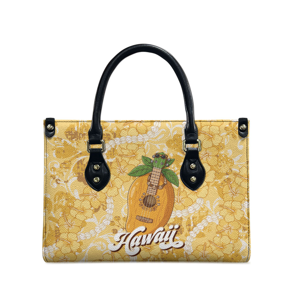 Hawaiian Mango Ukulele Leather Bag Retro Yellow Hibiscus Pikake Lei