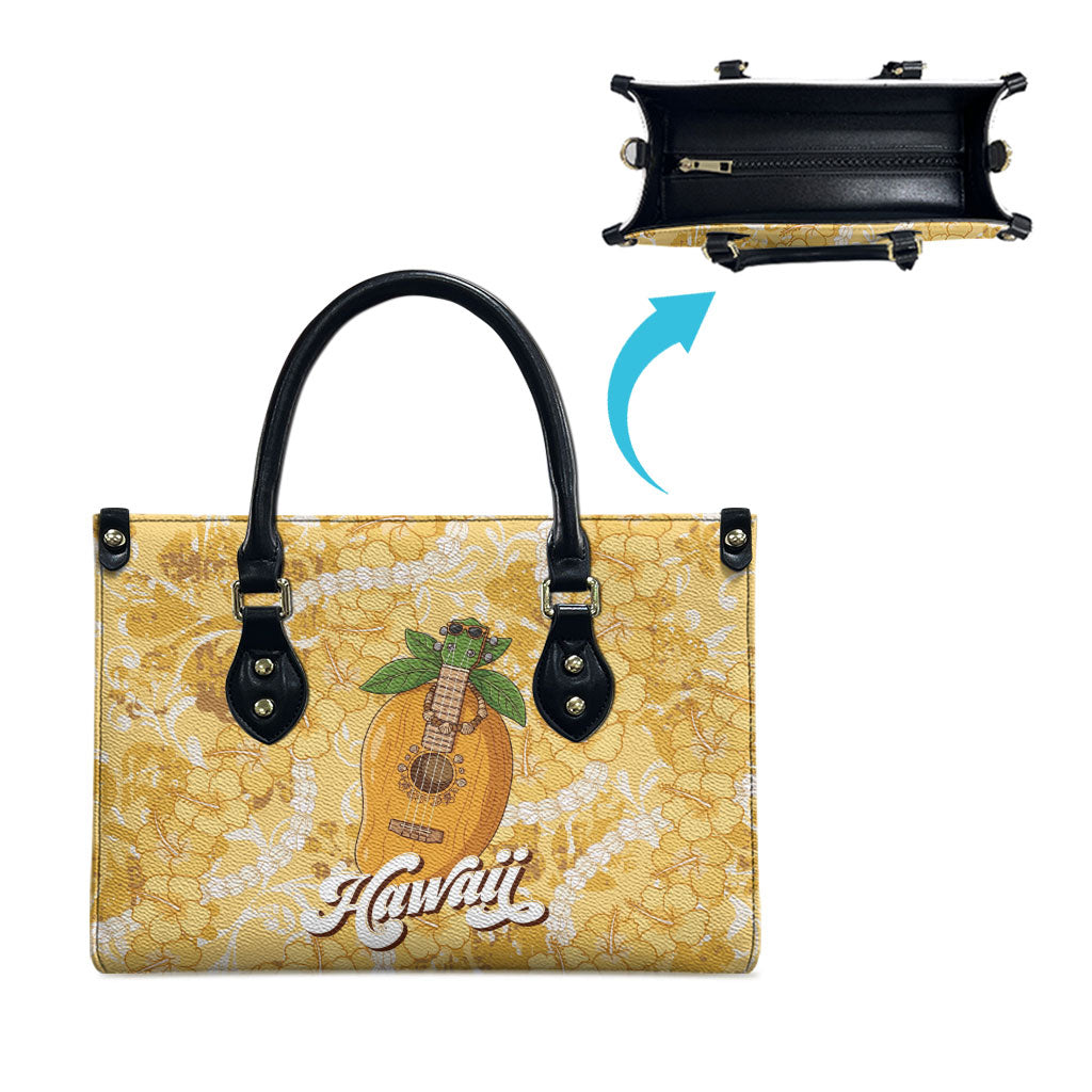 Hawaiian Mango Ukulele Leather Bag Retro Yellow Hibiscus Pikake Lei