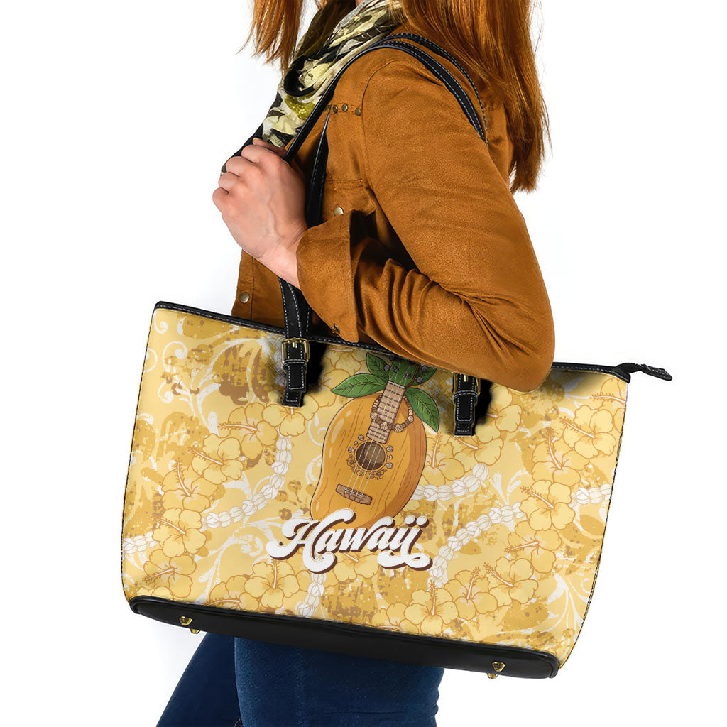 Hawaiian Mango Ukulele Leather Tote Bag Retro Yellow Hibiscus Pikake Lei