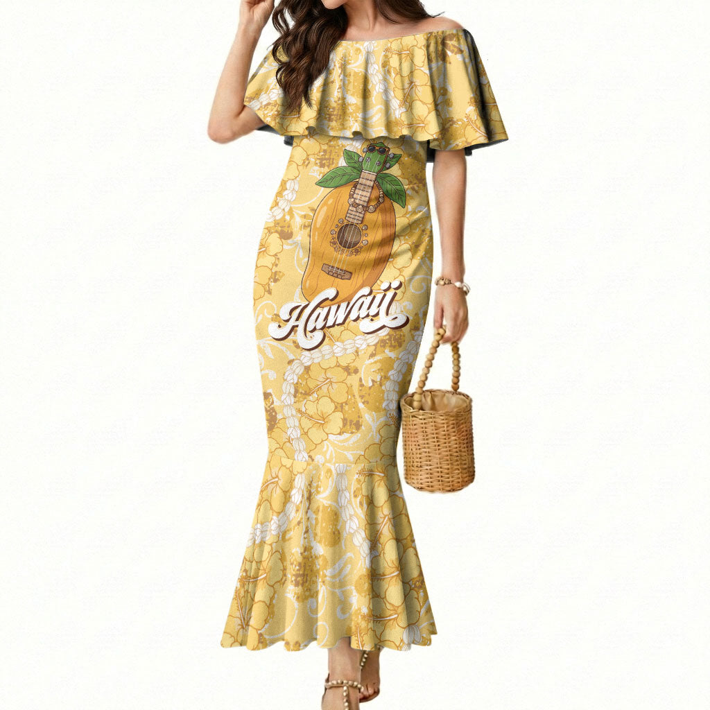 Hawaiian Mango Ukulele Mermaid Dress Retro Yellow Hibiscus Pikake Lei