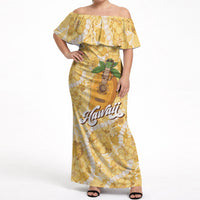 Hawaiian Mango Ukulele Off Shoulder Maxi Dress Retro Yellow Hibiscus Pikake Lei