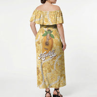 Hawaiian Mango Ukulele Off Shoulder Maxi Dress Retro Yellow Hibiscus Pikake Lei