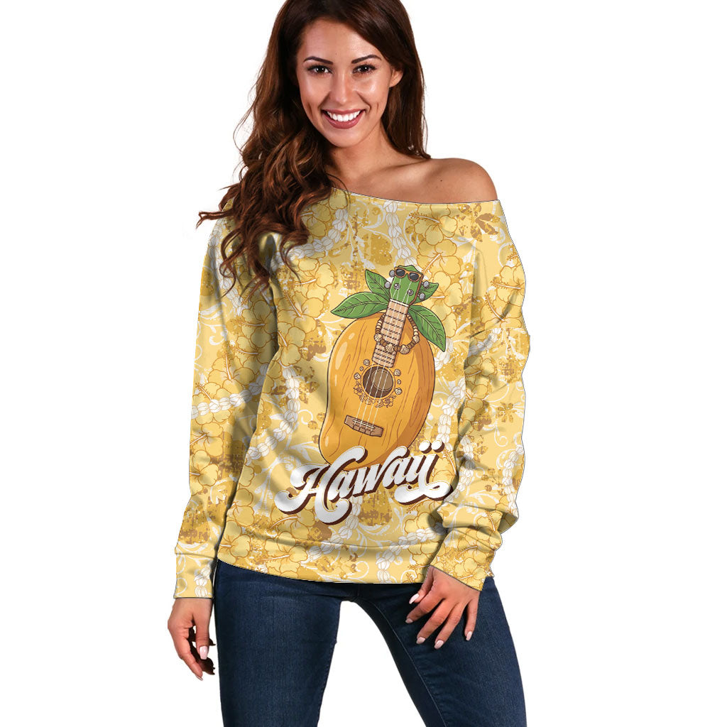 Hawaiian Mango Ukulele Off Shoulder Sweater Retro Yellow Hibiscus Pikake Lei