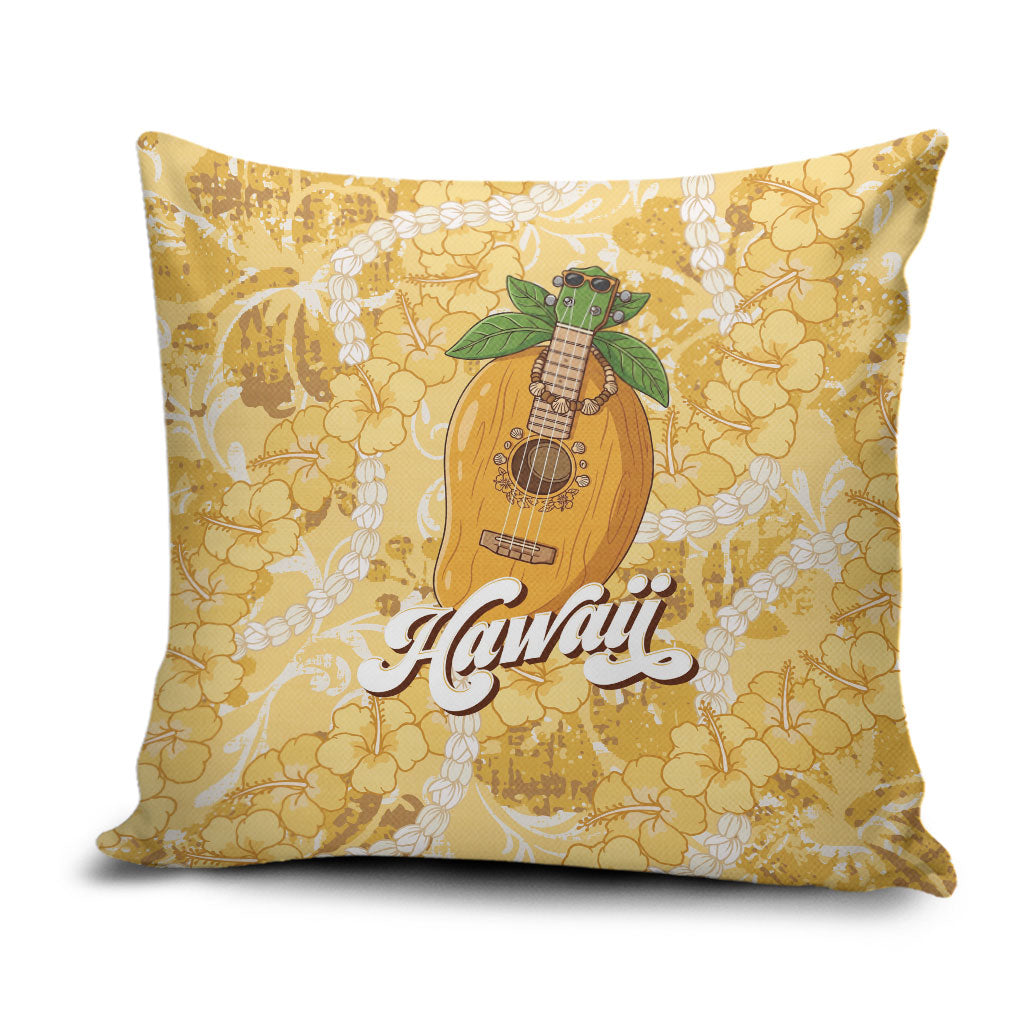 Hawaiian Mango Ukulele Pillow Cover Retro Yellow Hibiscus Pikake Lei