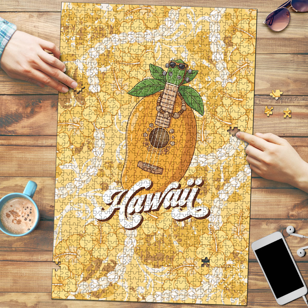 Hawaiian Mango Ukulele Puzzle Retro Yellow Hibiscus Pikake Lei
