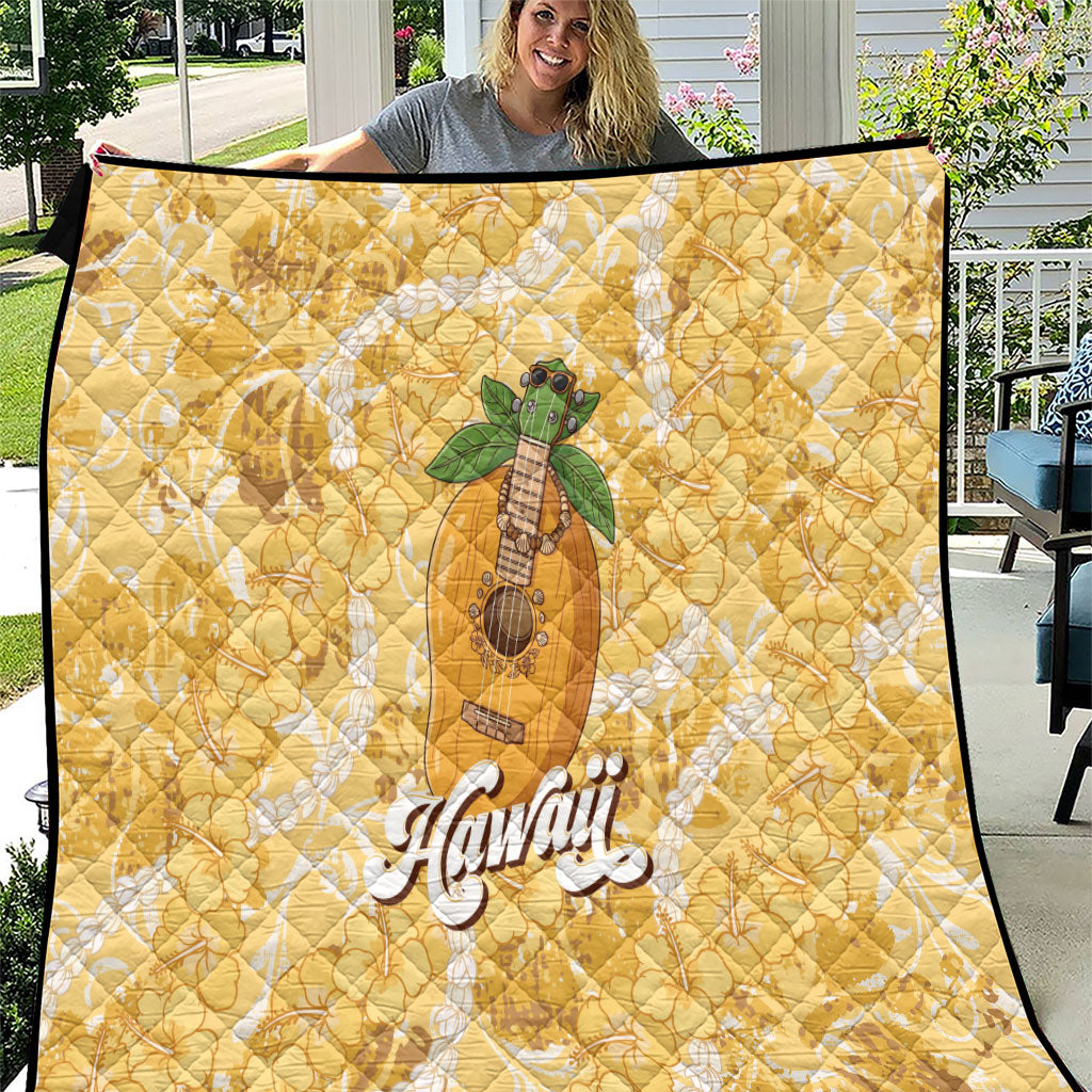Hawaiian Mango Ukulele Quilt Retro Yellow Hibiscus Pikake Lei