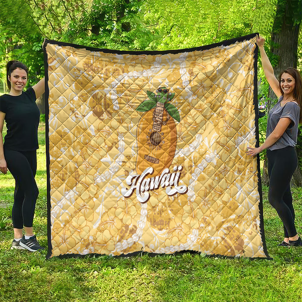 Hawaiian Mango Ukulele Quilt Retro Yellow Hibiscus Pikake Lei