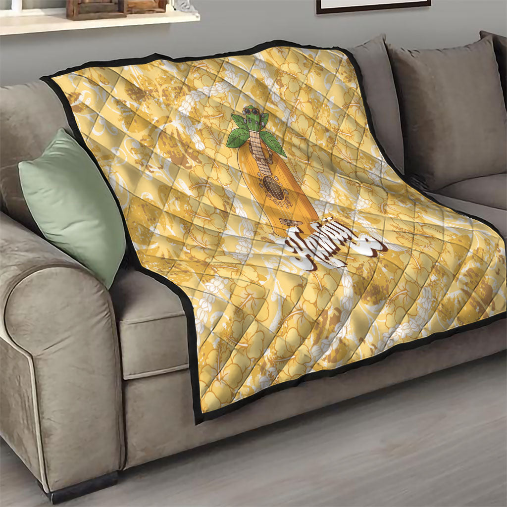 Hawaiian Mango Ukulele Quilt Retro Yellow Hibiscus Pikake Lei
